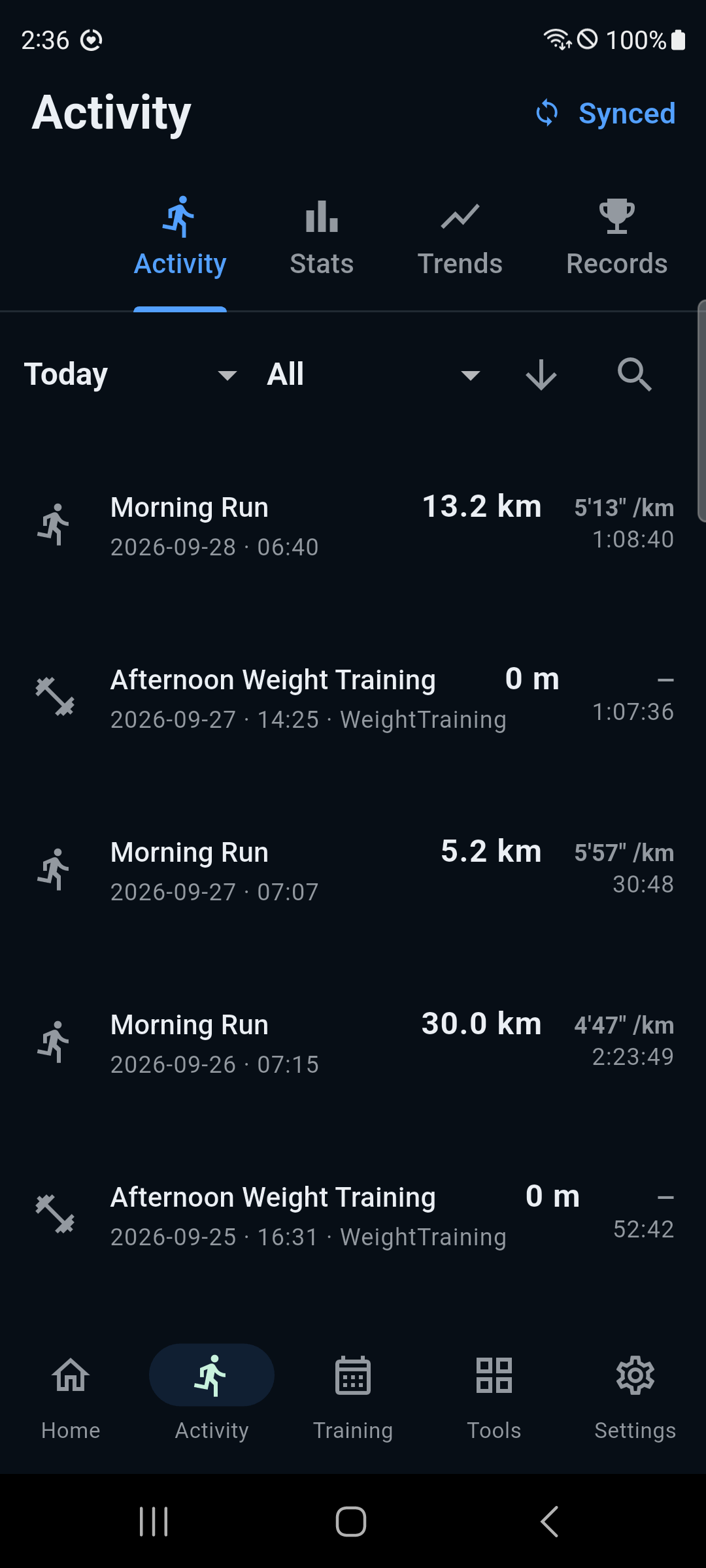 OwnRun Activity log synced from Strava